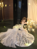 Shimmer Mermaid Silver Sequin Wedding Dress With Beads Pleated Fairytale Brides Gown Wedding Dresses HZ0311