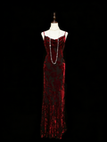 Vintage Fashion Night Aesthetic Mermaid Spaghetti Straps 80s 70s 90s Burgundy Velvet College Formal Outfit Long Prom Graduation Dresses HZ0311