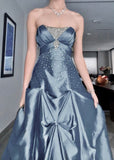 Vintage Ball Gown Strapless Blue Satin Taffeta 90s Prom Dresses Inspiration Party Dress Princess Graduation Dress HZ0311