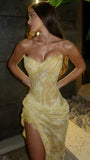 Modest Senior Prom Dresses High Schools Inspiration Mermaid Sweetheart Yellow Lace With Slit Semi Formal Grad Long Prom Dress For Teens HZ0311
