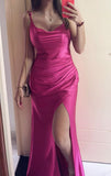 Fancy Mermaid Spaghetti Straps Hot Pink Satin Pleated Long Prom Dresses Formal Gown Inspo Evening Outfit HZ0311