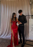 Gorgeous Strapless Red Mermaid Prom Dresses Sleeveless With Beads Slit Party Gown HZ0311