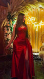 Gorgeous Red Sweetheart Mermaid Prom Dresses Sleeveless With Lace Slit Party Gown HZ0311