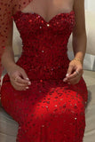 Gorgeous Red Sweetheart Mermaid Prom Dresses Sleeveless Strapless With Gem Party Gown HZ0311