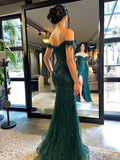 Sparkly Trumpet/Mermaid Off The Shoulder Sweep Train Dark Green Sequins Prom Dresses With Slit Formal Dresses Party Dress HZ0311
