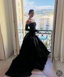 Classy Ball Gown Strapless Black Satin Long Prom Dress With Gloves Aesthetic For Teens Formal Dress Party Outfits Prom Gown HZ0311