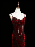 Vintage Fashion Night Aesthetic Mermaid Spaghetti Straps 80s 70s 90s Burgundy Velvet College Formal Outfit Long Prom Graduation Dresses HZ0311
