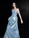 Glittery A Line Strapless Light Blue Sleeveless Prom Dresses Inspiration Long Night Outfits Birthday Outfits HZ0311