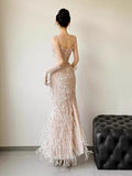 Glittery A line Spaghetti Strap With Tassels Beads Sleeveless Pink Prom Dresses Inspiration Long Night Outfits 18th Birthday Outfits HZ0311