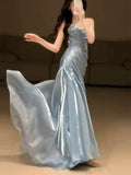 Glitter Mermaid Strapless Light Blue Sleeveless Prom Dresses Inspiration Long Night Outfits 18th Birthday Outfits HZ0311