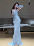 Glitter Mermaid Sweetheart Silver Gray Sequins With Gloves Prom Dresses Inspiration Long Night Outfits 18th Birthday Outfits HZ0311