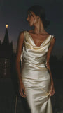 Sexy Backless Satin Sheath Cowl Neck Prom Dress Long Evening Dress HZ0311
