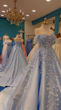 Ball Gown Off The Shoulder Light Blue Satin Quinceanera Dress Appliques Birthday Luxury Dress Sweet 15 16 Birthday Gown HZ0311