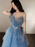 Gorgeous Blue Sparkly Tulle Beaded Prom Dress, Tiered Formal Gown with Rhinestone Party Gowns HZ0311