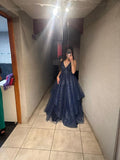 Classy Ball Gown V Neck Navy Blue Tulle Prom Dress Aesthetic For Teens Formal Dresses Party Outfits Prom Gown HZ0311