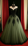 Modest Ball Gown Off The Shoulder Olive Green Tulle Lace Prom Dresses With Sleeves Party Dress Evening Dresses HZ0311