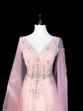 Vintage A line V Neck Pink With Long Sleeves Senior Prom dresses High School Formal Dress HZ0311