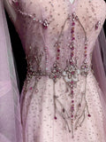 Vintage A line V Neck Pink With Long Sleeves Senior Prom dresses High School Formal Dress HZ0311