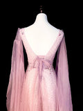 Vintage A line V Neck Pink With Long Sleeves Senior Prom dresses High School Formal Dress HZ0311