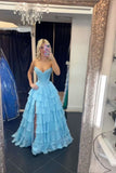 Classy Ball Gown Sweetheart Light Blue Chiffon With Slit Split Long Prom Dress Aesthetic For Teens Formal Party Outfits Prom Gowns HZ0311