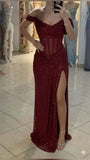 Sexy Mermaid Off The Shoulder Burgundy Sequin With Sleeves Prom Dresses Long Evening Formal Gown Wedding Party Gowns HZ0311