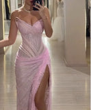 Sexy Mermaid Strapless Pink Lace With Split Prom Dresses Long Evening Formal Gown With Pleated Party Gowns HZ0311