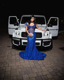 Modest Mermaid Sweetheart Royal Blue Sequins Long Formal Prom Evening Dress Dinner Outfits Party Gowns For Teens Girls HZ0311