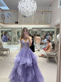 Modest Ball Gown Off The Shoulder Lilac Tulle Lace Prom Dresses With Sleeves Party Dress Evening Dresses HZ0311