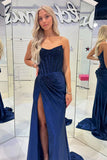 Elegant Mermaid Strapless Navy Blue With Beads Slit Long Formal Prom Evening Dress Dinner Outfits Party Gowns HZ0311
