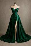 Modest A Line One Shoulder Green With Slit Satin Prom Dresses Long Party Dress Evening Dresses HZ0311
