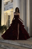 Sparkly Ball Gown Strapless Burgundy Prom Dresses Fashion Evening With Slit Sequin Long Formal Party Gowns HZ0311