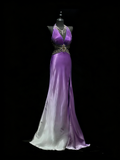 Modest Mermaid V Neck Grape White Ombre Slit College Formal Outfit Long Prom Graduation Dresses For Teens HZ0311