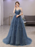 Gorgeous Blue Sparkly Tulle Beaded Prom Dress, Tiered Formal Gown with Rhinestone Party Gowns HZ0311
