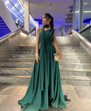 Elegant One Shoulder With Scarf Prom Dress A-Line Tulle Sleeveless Evening Dress Dark Green Formal Party Gowns HZ0311