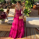 Graceful Ball Gown Sweetheart Hot Pink Tulle Sleeveless Pleated Prom Dress Formal Evening Dress Party Gowns HZ0311