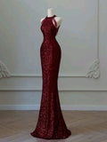 Sparkly Sequin Mermaid High Neck Burgundy Sequin With Beads Prom Dresses Inspiration Evening Gowns For Women Formal Party Prom Dress HZ0311