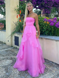 Gorgeous Fashion Pink A Line Strapless Organza Prom Dress Formal Gowns HZ0311