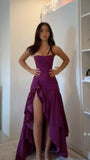 Classy High Low Strapless Grape Satin Slit Prom Dresses Party Dress Long Evening Dresses HZ0311
