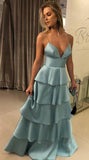 Classy A Line Dark Royal Blue Spaghetti Strap Tiered High Waist Prom Dresses HZ0311