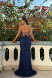 Glamorous Dark Navy V-Neck Strapless Sleeveless Prom Dresses Mermaid With Beads HZ0311