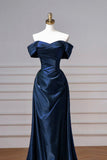 Elegant A Line Off the Shoulder Navy Blue Satin Prom Dresses Long Wedding Guest Dress Evening Dress HZ0311