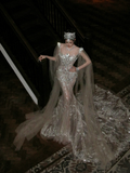 Glittery Mermaid Silver Sequin Long Court Train Wedding Dress With Cape Fairytale Brides Gown Wedding Dresses HZ0311