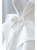Simple Ball Gown Off The Shoulder Satin Lace White Fit And Flare Long Floor Length Pleats Wedding Dress HZ0311