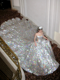 Sparkly Ball Gown Strapless Silver Sequin Long Quinceanera Dress Birthday Luxury Sweet 15 16 Birthday Gown HZ0311