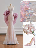 Glamorous Mermaid Strapless Light Pink Sequin With Cape Prom Dresses Long Evening Formal Gown BirthdayParty Gowns HZ0311