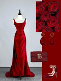 Stunning Mermaid Square Neck Burgundy Satin Long Prom Dresses Inspiration Evening Dress Princess Graduation Gown HZ0311