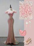 Sparkly Mermaid Off The Shoulder Pink Sequin Short Sleeves Long Prom Dresses Formal Gowns Evening Dress HZ0311