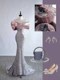 Sparkly Mermaid Off The Shoulder Silver Sequin Short Sleeves Long Prom Dresses Formal Gowns Evening Dress HZ0311