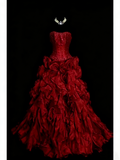 Modest Ball Gown Strapless Red Organza 80s Long Prom Dresses Inspiration Party Gowns Vintage Sweet 16 Dress HZ0311