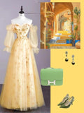 Vintage Night Aesthetic Ball Gown Strapless Tulle Yellow College Formal Sweet 16 Outfit Long Prom Dresses For Teens HZ0311